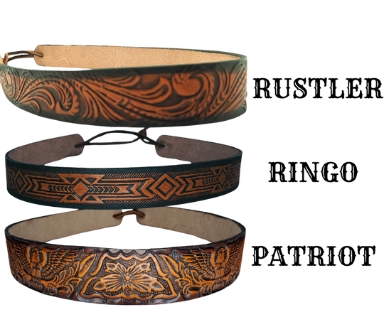 <p>A classic Western Styled pattern <b><i>Hand Stained</i></b> leather hatband. Band is 1" wide will fit up to size 7 1/2 hat. Matches our Rustler Belt. Fit's most any hat with adjustable bead and leather 1/8" string. Will fit most WESTERN crowned hats. Made in our Smyrna, TN. shop a short drive from downtown Nashville, TN.</p> <p>&nbsp;</p>