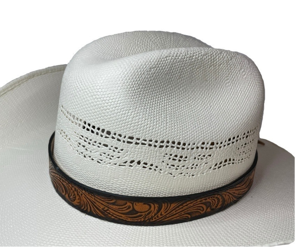 <p>A classic Western Styled pattern <b><i>Hand Stained</i></b> leather hatband. Band is 1" wide will fit up to size 7 1/2 hat. Matches our Rustler Belt. Fit's most any hat with adjustable bead and leather 1/8" string. Will fit most WESTERN crowned hats. Made in our Smyrna, TN. shop a short drive from downtown Nashville, TN.</p> <p>&nbsp;</p>