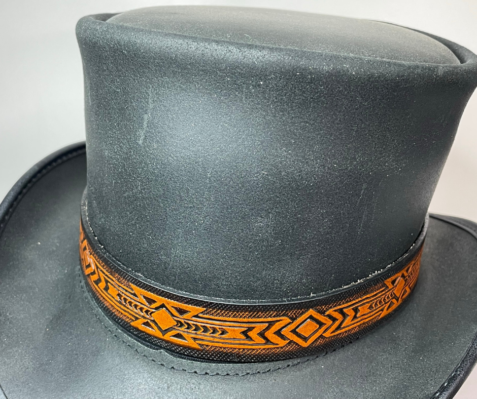 <p>A classic Western Styled pattern <b><i>Hand Stained</i></b> leather hatband. Band is 1" wide will fit up to size 7 1/2 hat. Matches our Rustler Belt. Fit's most any hat with adjustable bead and leather 1/8" string. Will fit most WESTERN crowned hats. Made in our Smyrna, TN. shop a short drive from downtown Nashville, TN.</p> <p>&nbsp;</p>