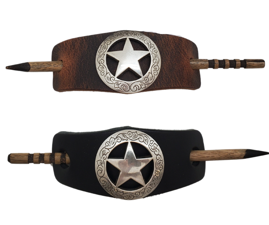 Take your hair barrettes to the next level with our Antique Silver finish Conchos, available in Black or Desert Brown Leather of your choice. Each one comes with an ornate wooden stick to keep your long locks in place. These are proudly made in our Smyrna, TN shop, just a short drive from the famous downtown Nashville.