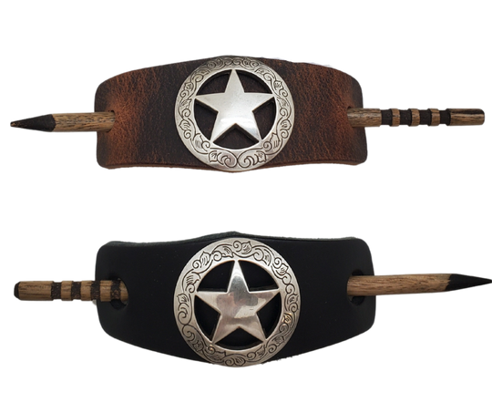 Take your hair barrettes to the next level with our Antique Silver finish Conchos, available in Black or Desert Brown Leather of your choice. Each one comes with an ornate wooden stick to keep your long locks in place. These are proudly made in our Smyrna, TN shop, just a short drive from the famous downtown Nashville.