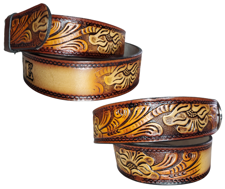 This leather belt has THE Classic Western Scroll pattern in a Brown Antiqued finish. Available in a 1 1/2" width. Full grain vegetable tanned cowhide, Width 1 1/2" and includes Nickle plated  buckle Smooth burnished painted edges. Made in USA! Type name OR No Name  in "Type Name Here" section.  Buckle snaps in place for easy changing if desired. In stock at our Smyrna, TN shop.