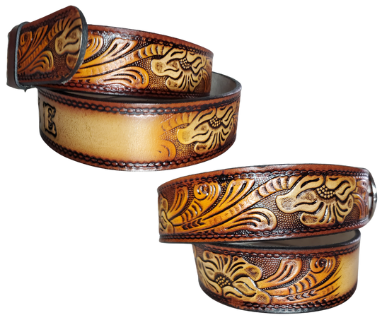 This leather belt has THE Classic Western Scroll pattern in a Brown Antiqued finish. Available in a 1 1/2" width. Full grain vegetable tanned cowhide, Width 1 1/2" and includes Nickle plated  buckle Smooth burnished painted edges. Made in USA! Type name OR No Name  in "Type Name Here" section.  Buckle snaps in place for easy changing if desired. In stock at our Smyrna, TN shop.