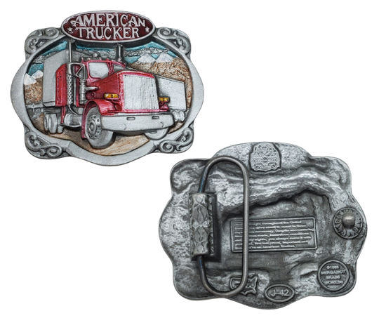 Show your appreciation for the American Trucker with this pewter belt buckle, perfect for 1 1/2" belts. Measuring 3" wide and 2-1/2" tall, it's available in our shop located just outside of Nashville in Smyrna, TN.