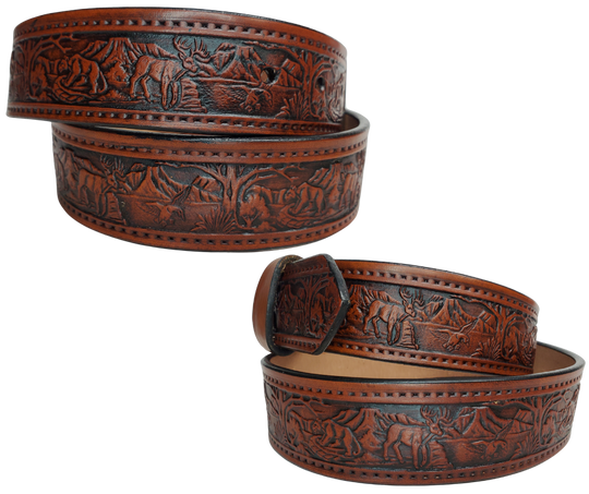 This solid strip of Veg Tan cowhide, is hand stained in 3 brown options, with smooth, finished edges. Embossed with Deer, Mountain Lion, and Duck scene down length of belt, or have name added to scene up to 8 letters. Belt thickness is approx. 1/8", and 1 1/2" wide. Sizes available are 34" to 44" from buckle end to hole most worn. Attached with 2 snaps is a Brushed Nickel plated solid brass buckle. Handmade in our Smyrna, TN, USA shop a short trip from Nashville.