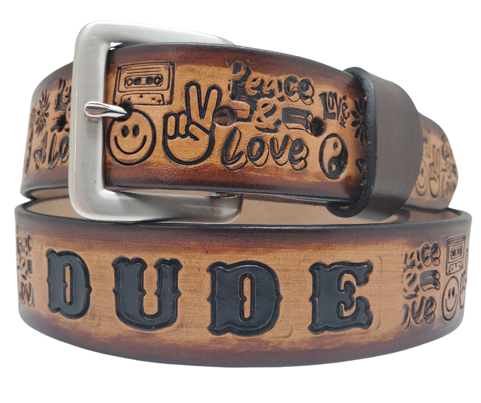 Embossed with Peace Hope Love design that takes back. Hand dyed and finished veg-tan cowhide approx. 1/8" thick. Buckle snaps in place for easy changing, width 1 1/2" Made in our Smyrna, TN, USA shop not far from Murfreesboro.