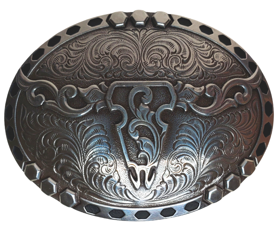 Feel the classic western vibes with the Tribal Longhorn Nocona buckle! We named after on of the original longhorn breeds. Its oval shape, with an exquisite smooth edge, truly stands out with the western scroll design. Finished with an antique silver color, it fits up to 1 1/2" belts and measures approx. 2 1/2" tall by 3 1/2" wide. Get yours now, both online and in our shop in Smyrna, TN, near Nashville! Imported