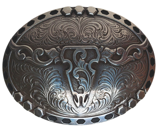 Feel the classic western vibes with the Tribal Longhorn Nocona buckle! We named after on of the original longhorn breeds. Its oval shape, with an exquisite smooth edge, truly stands out with the western scroll design. Finished with an antique silver color, it fits up to 1 1/2" belts and measures approx. 2 1/2" tall by 3 1/2" wide. Get yours now, both online and in our shop in Smyrna, TN, near Nashville! Imported