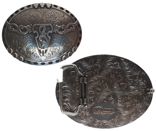 Feel the classic western vibes with the Tribal Longhorn Nocona buckle! We named after on of the original longhorn breeds. Its oval shape, with an exquisite smooth edge, truly stands out with the western scroll design. Finished with an antique silver color, it fits up to 1 1/2" belts and measures approx. 2 1/2" tall by 3 1/2" wide. Get yours now, both online and in our shop in Smyrna, TN, near Nashville! Imported