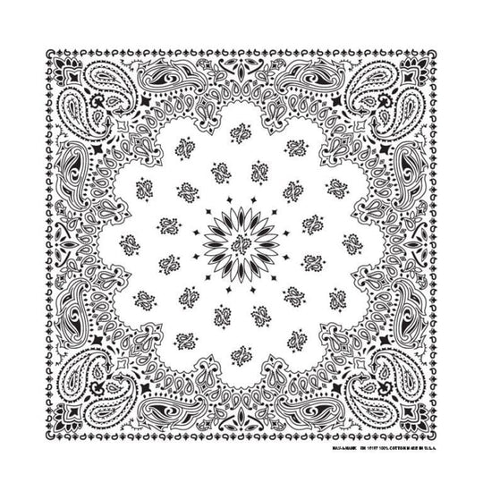 We stock traditional 100% Cotton for a soft and comfortable feel. Made in the USA and approx. 22" x 22", they feature a trademark Paisley design. Bandanas have been around for over 75 years and are still a staple in culture whether it's a farmer, MC, or a Rock star.