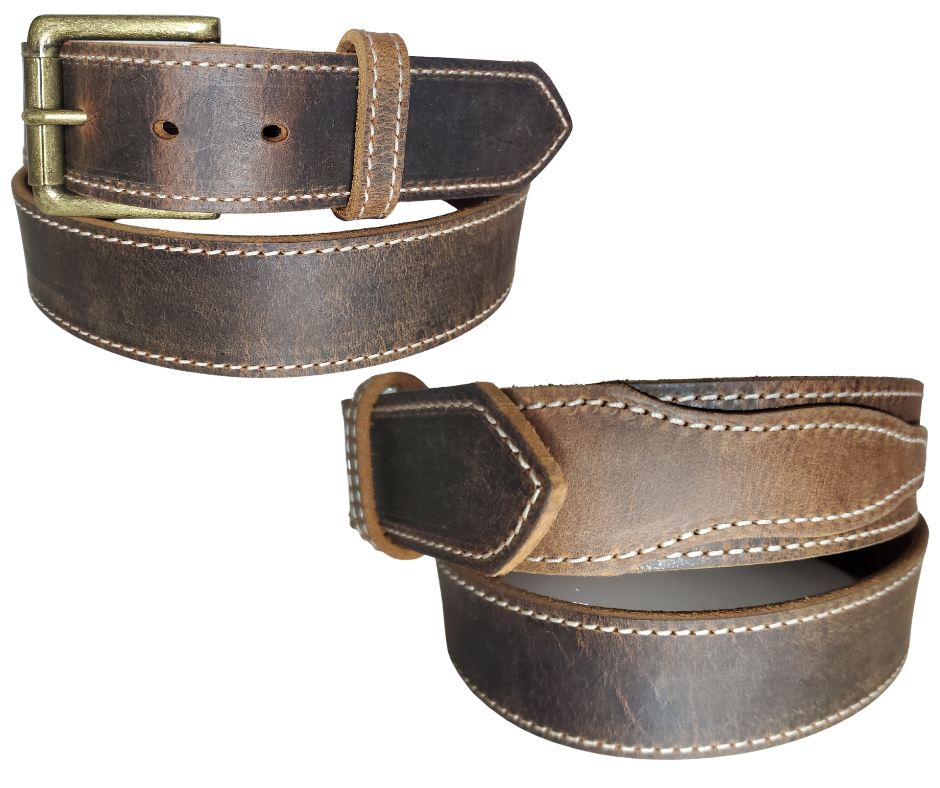 "The Chisholm Trail" is a real leather belt made from a single thick parts of cowhide shoulder leather that is 8-10 oz. or approx. 1/8" thick. It is assembled in 3 main sections 2 billets or end parts and the main center section.  The buckle is antique nickel plated and is snapped in place for easy buckle change.  This belt is stocked in our shop in Smyrna, TN just outside Nashville.