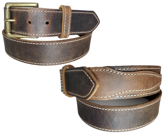 "The Chisholm Trail" is a real leather belt made from a single thick parts of cowhide shoulder leather that is 8-10 oz. or approx. 1/8" thick. It is assembled in 3 main sections 2 billets or end parts and the main center section.  The buckle is antique nickel plated and is snapped in place for easy buckle change.  This belt is stocked in our shop in Smyrna, TN just outside Nashville.