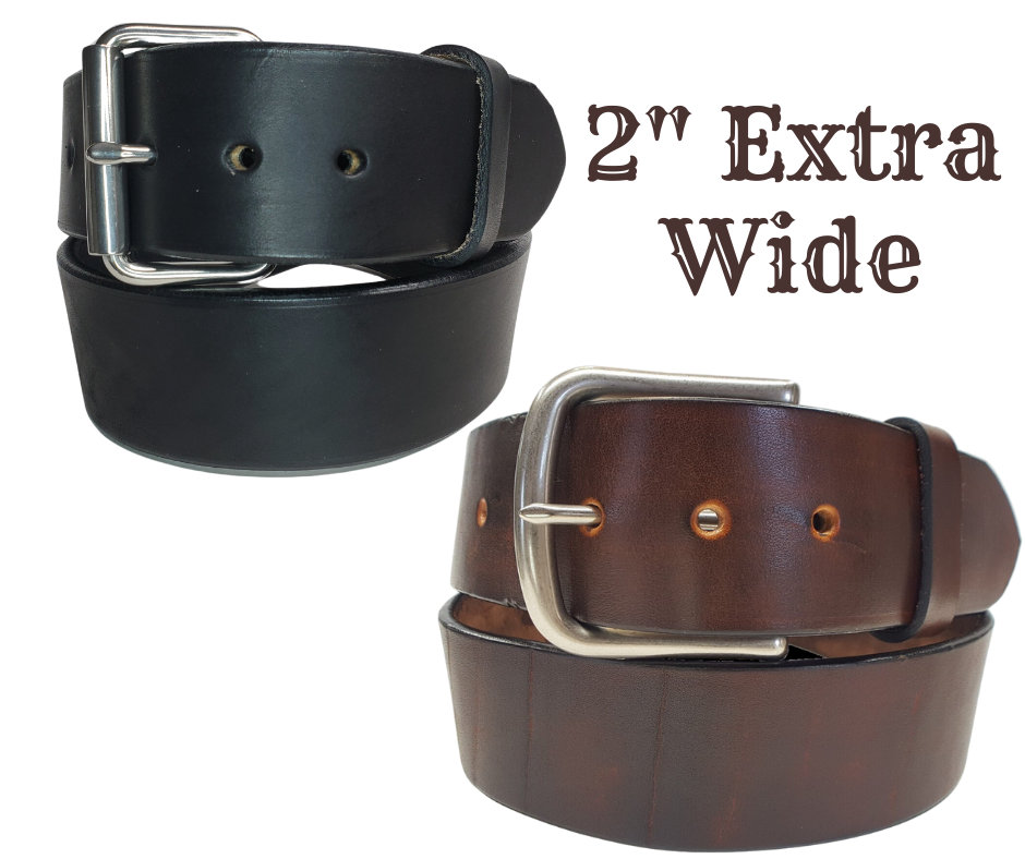 Our EXTRA THICK / EXTRA WIDE leather belt is cut from whole hides of Bridle Leather then snapped and edge burnished in Smyrna, TN, just outside Nashville.  It is a single strip of vegetable tanned Bridle leather approximately 1/4" thick, Drum dyed in a deep reddish brown or Solid Black. Bridle leather is used for horse tack such as bridles and rein straps. It's similar to harness leathers which has tallows and oils which gives it a great feel and durability. 