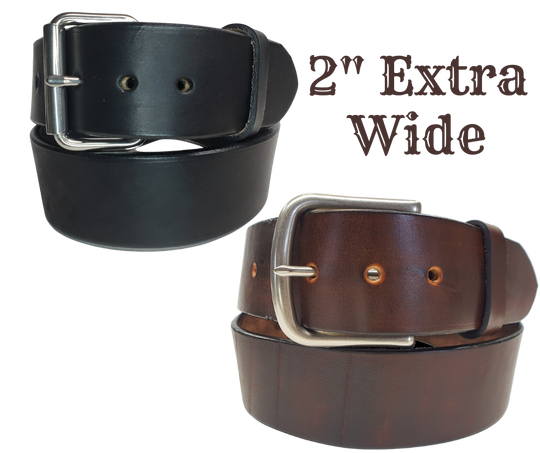 Our EXTRA THICK / EXTRA WIDE leather belt is cut from whole hides of Bridle Leather then snapped and edge burnished in Smyrna, TN, just outside Nashville.  It is a single strip of vegetable tanned Bridle leather approximately 1/4" thick, Drum dyed in a deep reddish brown or Solid Black. Bridle leather is used for horse tack such as bridles and rein straps. It's similar to harness leathers which has tallows and oils which gives it a great feel and durability. 