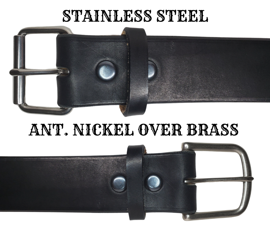 Our EXTRA THICK / EXTRA WIDE leather belt is cut from whole hides of Bridle Leather then snapped and edge burnished in Smyrna, TN, just outside Nashville.  It is a single strip of vegetable tanned Bridle leather approximately 1/4" thick, Drum dyed in a deep reddish brown or Solid Black. Bridle leather is used for horse tack such as bridles and rein straps. It's similar to harness leathers which has tallows and oils which gives it a great feel and durability. 