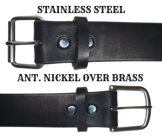 Our EXTRA THICK / EXTRA WIDE leather belt is cut from whole hides of Bridle Leather then snapped and edge burnished in Smyrna, TN, just outside Nashville.  It is a single strip of vegetable tanned Bridle leather approximately 1/4" thick, Drum dyed in a deep reddish brown or Solid Black. Bridle leather is used for horse tack such as bridles and rein straps. It's similar to harness leathers which has tallows and oils which gives it a great feel and durability. 