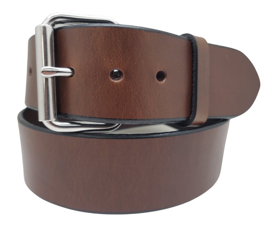 Our THICK / EXTRA WIDE leather belt is cut from whole hides of Bridle Leather then snapped and edge burnished in Smyrna, TN, just outside Nashville.&nbsp; It is a single strip of vegetable tanned Bridle leather will be 3/16" to 1/4" thick, Drum dyed in a brown or Solid Black. Bridle leather is used for horse tack such as bridles and rein straps. It's similar to harness leathers which has tallows and oils which gives it a great feel and durability.