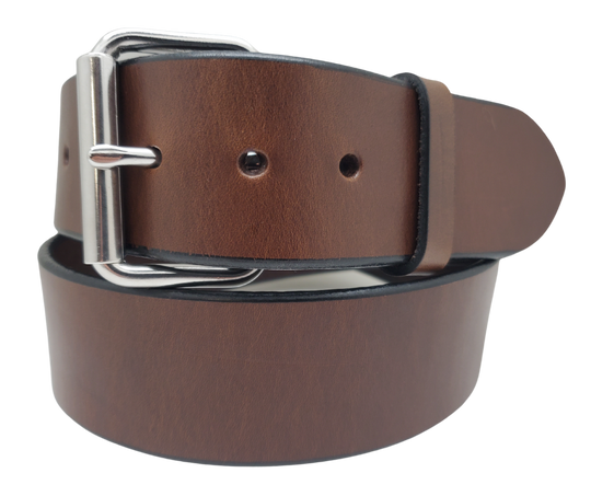 Our THICK / EXTRA WIDE leather belt is cut from whole hides of Bridle Leather then snapped and edge burnished in Smyrna, TN, just outside Nashville.&nbsp; It is a single strip of vegetable tanned Bridle leather will be 3/16" to 1/4" thick, Drum dyed in a brown or Solid Black. Bridle leather is used for horse tack such as bridles and rein straps. It's similar to harness leathers which has tallows and oils which gives it a great feel and durability.