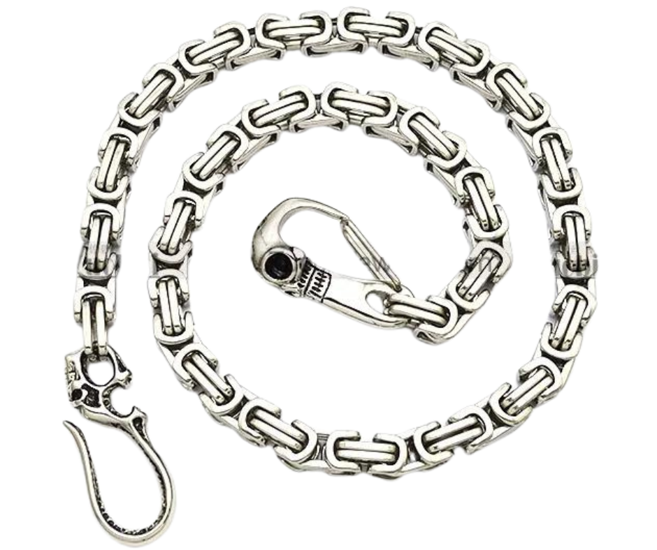 This Captain Hook Stainless Steel Wallet Chain with it's Skull Hook doesn't allow Posers on your watch. You live this every day so you need a Sturdy Stainless Steel Skull Hook and spring Skull holds up under the the stress you put on it daily. This won't chip or peel off, or look like cheap pot metal in a few weeks of what you put it through.&nbsp;&nbsp;Get it right here online or in our shop just outside Nashville in Smyrna, TN.  26" Length, Approx. 3/8" square dia.