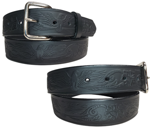 Part of our basic embossed Black belt series. Drum Dyed (dyed at the tannery all the way thru the leather) approx. 1/8" thick cowhide that we emboss in our shop. It has a width of 1 1/2" and is fitted with a simple nickel-plated buckle, along with smooth burnished painted edges. The belt has a ALL BLACK name customization option so Type Name or No Name in the Name here box. Buckle snaps for easy changing. Available for quick shipment from our Smyrna, TN shop. just a short  drive from Nashville. 