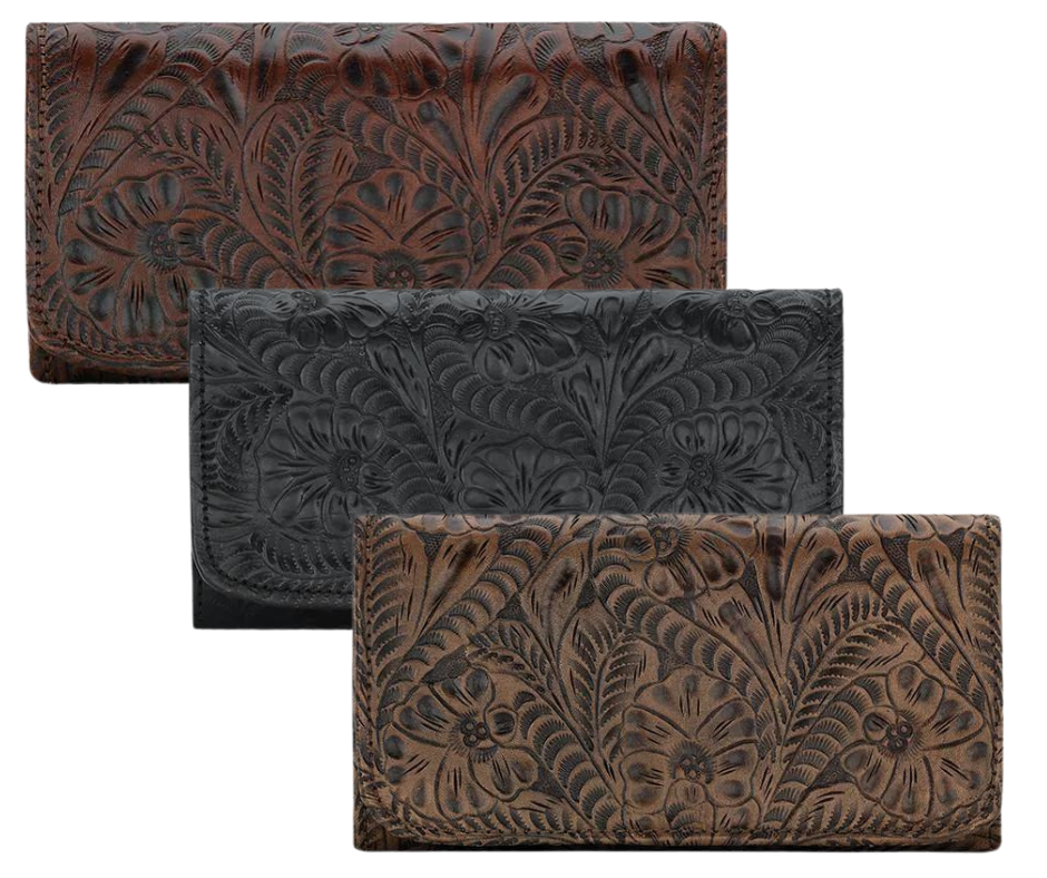 Full grain leather tri-fold wallet hand-stained, boasting a wild western floral hand-tooled pattern. Snappily close it with the spring snap and store your coins in the back zippered pocket. Inside the wallet, you'll find 12 credit card slots, an ID spot, multiple currency stations, and a checkbook flap! Plus, with the cotton linen dividing the pockets, it stays lightweight. Collect yours from our Smyrna, TN spot near Nashville!