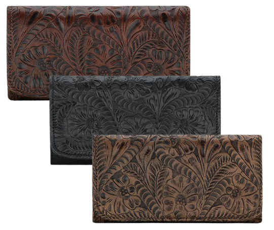 Full grain leather tri-fold wallet hand-stained, boasting a wild western floral hand-tooled pattern. Snappily close it with the spring snap and store your coins in the back zippered pocket. Inside the wallet, you'll find 12 credit card slots, an ID spot, multiple currency stations, and a checkbook flap! Plus, with the cotton linen dividing the pockets, it stays lightweight. Collect yours from our Smyrna, TN spot near Nashville!