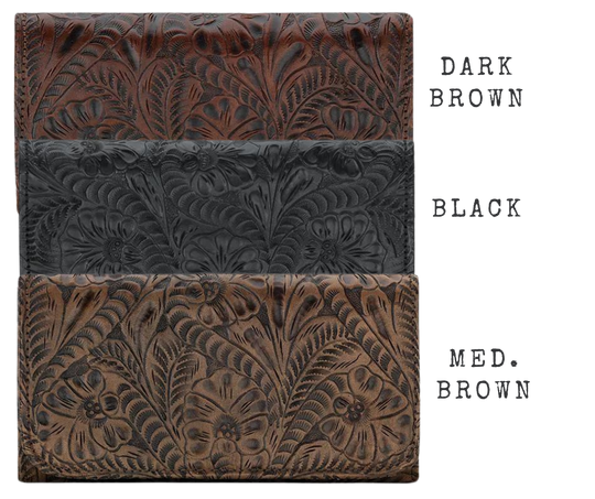 Full grain leather tri-fold wallet hand-stained, boasting a wild western floral hand-tooled pattern. Snappily close it with the spring snap and store your coins in the back zippered pocket. Inside the wallet, you'll find 12 credit card slots, an ID spot, multiple currency stations, and a checkbook flap! Plus, with the cotton linen dividing the pockets, it stays lightweight. Collect yours from our Smyrna, TN spot near Nashville!