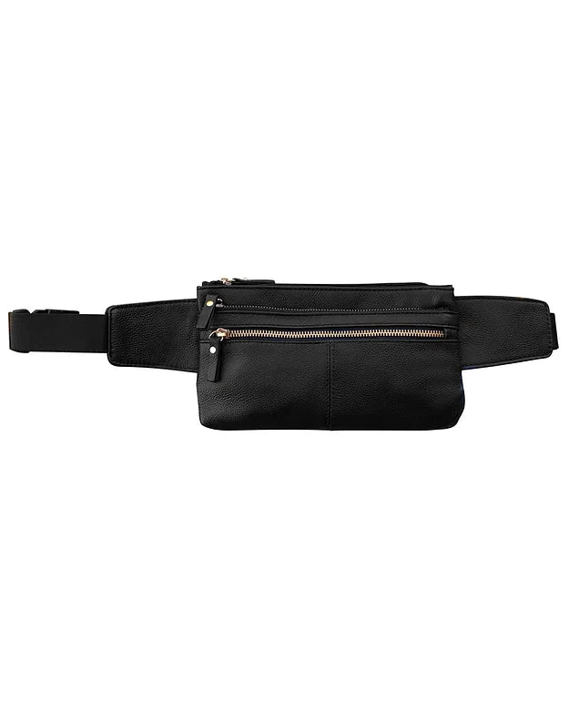 Cowhide leather waist pack. Fully adjustable nylon waist belt with snap buckle closure. Additional leather extension panels around waist strap. Spacious main compartment with 1 interior zipper pocket and 2 throw pockets. Front side has 2 full length exterior zipper pockets. Back side has a discrete zipper pocket. Bronze zipper hardware with leather pulls. Get yours at our local Smyrna, TN shop.

Size: 5¼”x 9”x 1½”