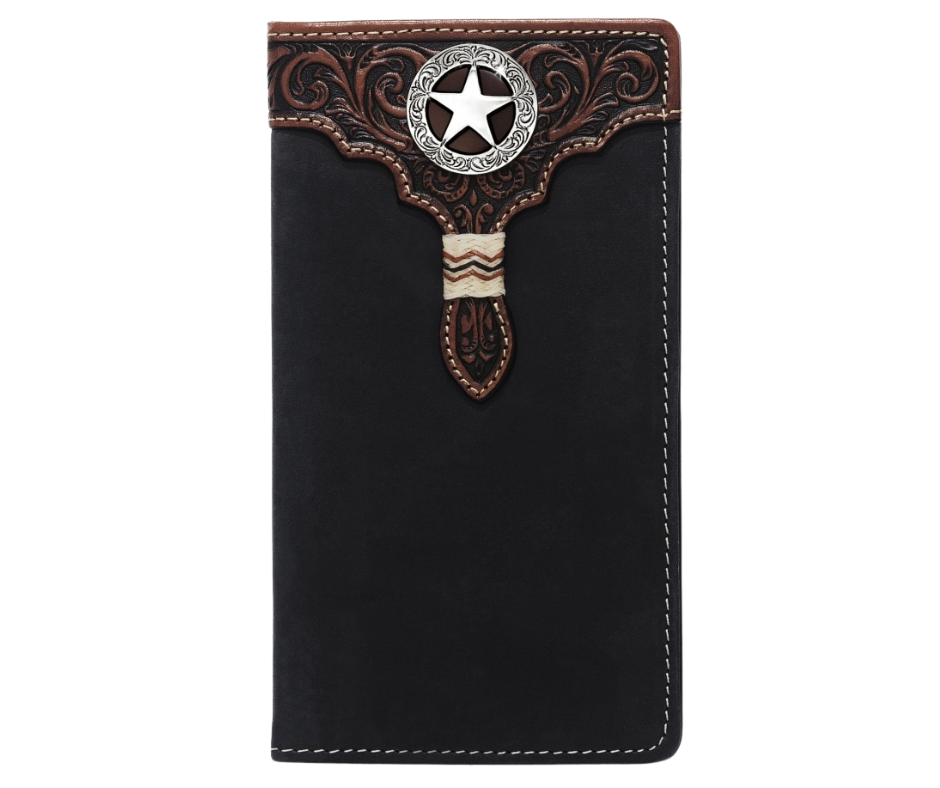 Only a true cowboy would carry this handsome checkbook wallet. Rustic Black with tooled leather, Star concho, rawhide lacing, it's practical, durable, the soft inside is built to fit 6 cards, checkbook, cash slot, pen, ID, and more. It's sized at 6 3/4" tall by 3 3/4" wide. Available in our Smyrna, TN store, a short drive id your in Nashville visiting. Silver Creek is Made by Brighton.