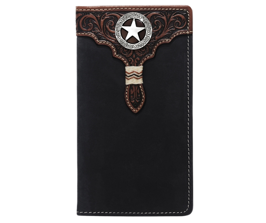 Only a true cowboy would carry this handsome checkbook wallet. Rustic Black with tooled leather, Star concho, rawhide lacing, it's practical, durable, the soft inside is built to fit 6 cards, checkbook, cash slot, pen, ID, and more. It's sized at 6 3/4" tall by 3 3/4" wide. Available in our Smyrna, TN store, a short drive id your in Nashville visiting. Silver Creek is Made by Brighton.