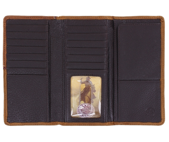 Carry this handsome checkbook wallet, with Western flavored stitching. The Aged Bark colored leather, the Bronc concho in a studded, stitched frame. A unique tri-fold style set this one apart with a soft inside is built to fit 15 cards, checkbook, 2 cash slots, pen, ID window. It's sized at 6 3/4" tall by 3 3/4" wide. Available in our Smyrna, TN store, a short drive id your in Nashville visiting. Silver Creek is Made by Brighton.