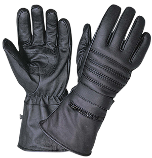 Leather Gauntlet Riding Gloves&nbsp;featuring a zippered pocket with a Rain cover. Adjustable Strap, reinforced palm, one of our heavier thicker gloves. With Gauntlets you are able to have your jacket sleeves up into glove to keep cold air&nbsp; from going up your sleeves. Great for Motorcycle Rides on cooler days. They are available in our shop just outside Nashville in Smyrna, TN.