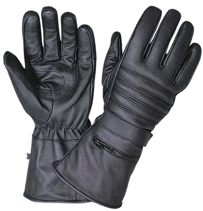 Leather Gauntlet Riding Gloves&nbsp;featuring a zippered pocket with a Rain cover. Adjustable Strap, reinforced palm, one of our heavier thicker gloves. With Gauntlets you are able to have your jacket sleeves up into glove to keep cold air&nbsp; from going up your sleeves. Great for Motorcycle Rides on cooler days. They are available in our shop just outside Nashville in Smyrna, TN.