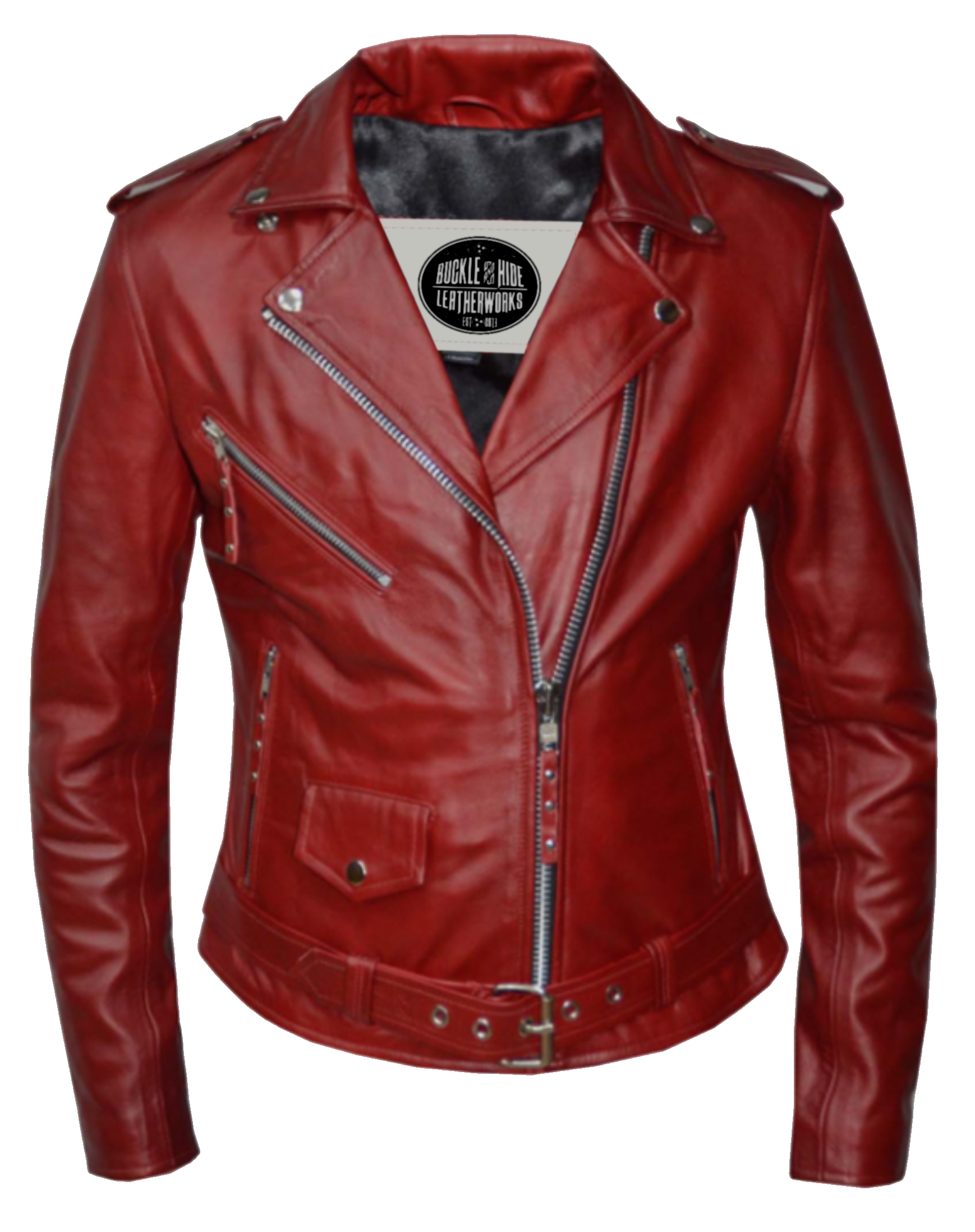 This Blood Red Lamb skin jacket is designed with soft and supple material, reminiscent of a timeless classic. With a fashionable look that has lasted over 100 years, it features black lining, antique silver hardware, and four outside pockets and two inside pockets. You can find it near Nashville, in Smyrna, TN.