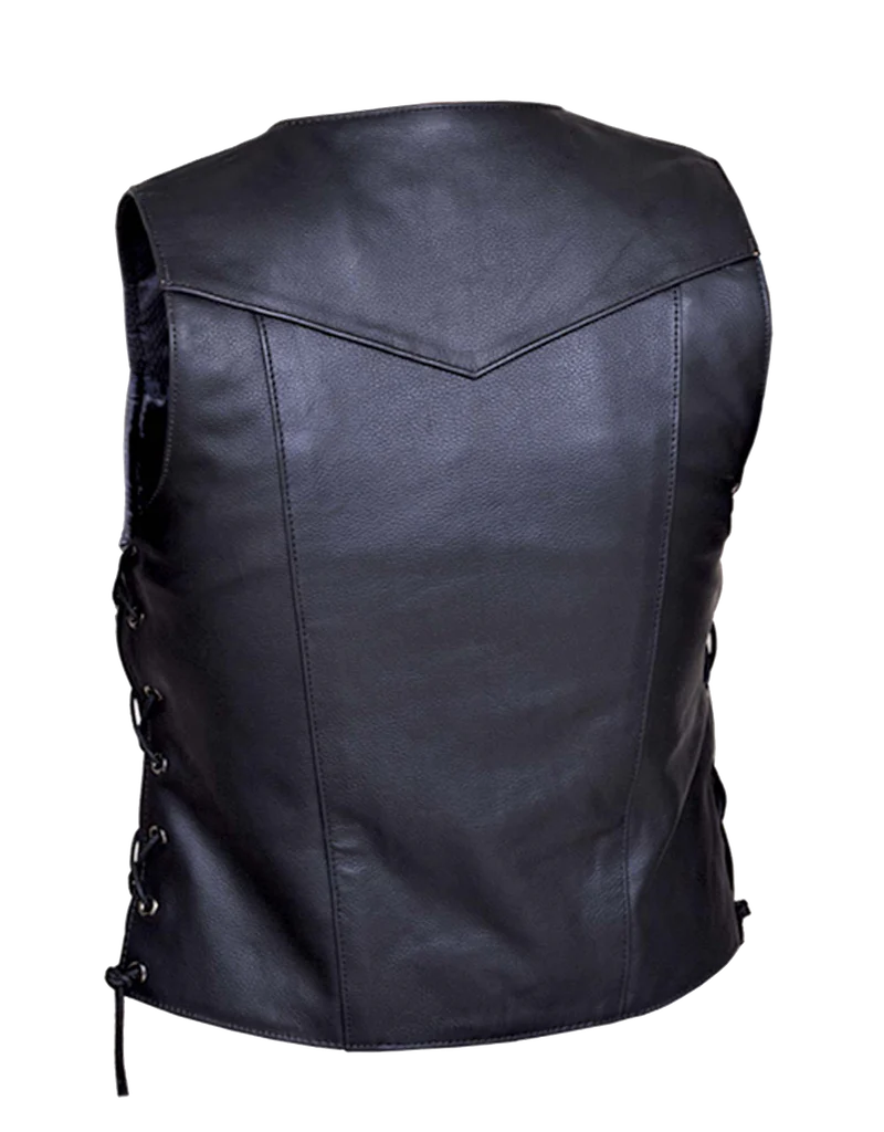 This lightweight cowhide black leather ladies' vest has a v-neck and snap front closure. It has side laces and a solid panel back, 4 front exterior pockets and 6 inside pockets including a concealed carry pocket on each side.  Available for purchase in our shop in Smyrna, TN, just outside Nashville.  Available in sizes small through 5xl.