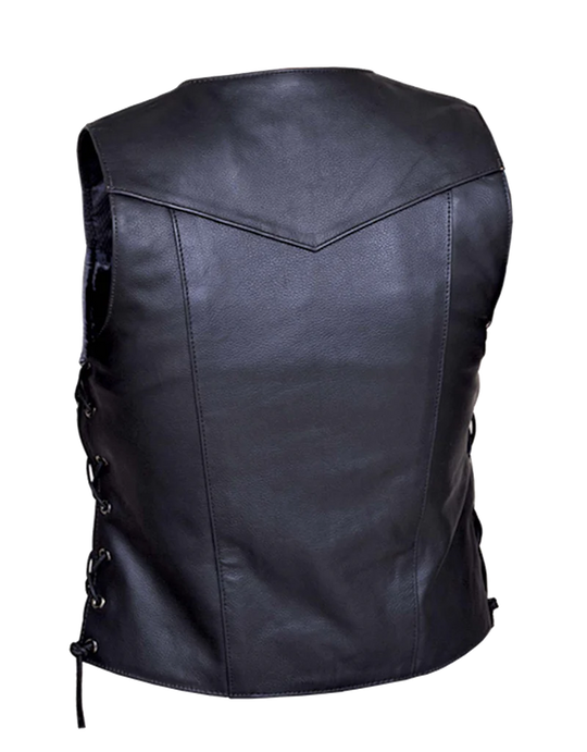 This lightweight cowhide black leather ladies' vest has a v-neck and snap front closure. It has side laces and a solid panel back, 4 front exterior pockets and 6 inside pockets including a concealed carry pocket on each side.  Available for purchase in our shop in Smyrna, TN, just outside Nashville.  Available in sizes small through 5xl.