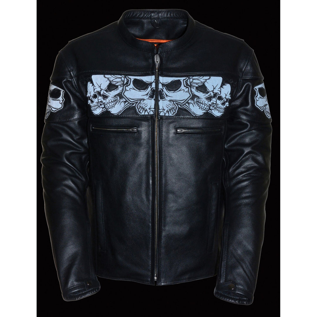 Night time reflective view of black leather riding jacket with skulls pictured around torso.  Front has zippered closure and 2 small exterior zippered pockets.  Sleeves have zippers and snaps at wrists. Available for purchase at our leather shop in Smyrna, TN, near Nashville.