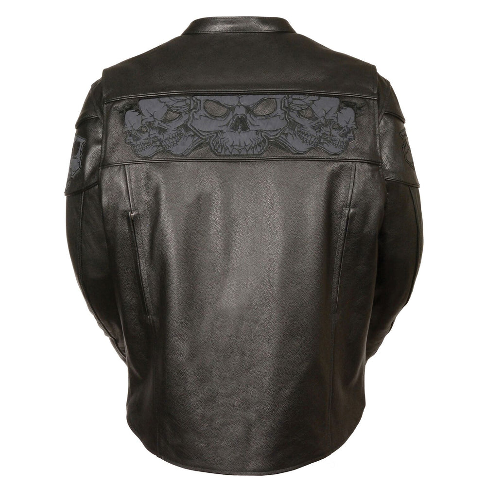 The "Appollo" is a soft but heavy cowhide black leather motorcycle riding jacket has band of Reflective Skulls around the upper torso. It comes in sizes small through 5x and is available for purchase in our shop in Smyrna, TN, just outside Nashville. It has multiple zippered pockets and vents and a zip out liner.&nbsp; It has a tab collar and zippered front.&nbsp; It also has snaps and zippers at wrists. Check out our matching Gloves.