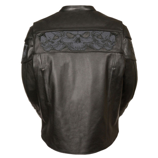 The "Appollo" is a soft but heavy cowhide black leather motorcycle riding jacket has band of Reflective Skulls around the upper torso. It comes in sizes small through 5x and is available for purchase in our shop in Smyrna, TN, just outside Nashville. It has multiple zippered pockets and vents and a zip out liner.&nbsp; It has a tab collar and zippered front.&nbsp; It also has snaps and zippers at wrists. Check out our matching Gloves.