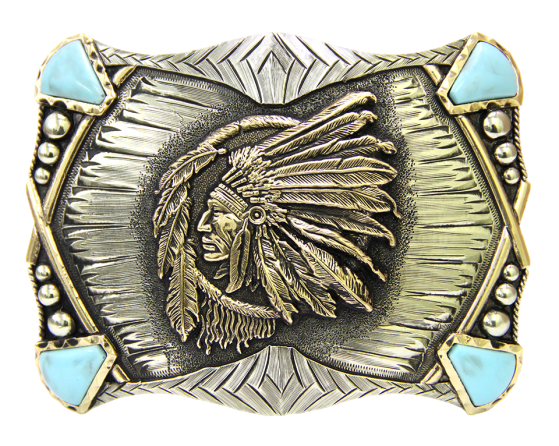 The Indian Chief buckle has a rectangle shape southwest design a centered by a feathered head dressed Chief framed by synthetic stones on each corner. This buckle is made from German Silver (nickel and brass alloy) or iron metal base. Some buckles have motifs made of copper, iron or brass and some are adorned with synthetic stones. Buckle size is Width Width 4” Height 3” and is available in our Smyrna, TN shop.