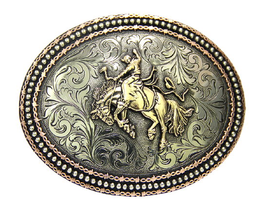 The Montar Bronc buckle has a classic oval shape with a Western scroll design, and a beaded barbwire edge framing a Bronc Rider. This buckle is made from German Silver (nickel and brass alloy) or iron metal base. Some buckles have motifs made of copper, iron or brass and some are adorned with synthetic stones.  Buckle size is Width 4.5” Height 3.5” a little bigger than some of our other buckles that is available in our Smyrna, TN shop.