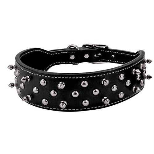 Constructed of premium quality black bridle leather, this doubled and stitched collar with smoothed and darkened edges will turn heads with its carefully crafted and attractive design of nickel plated over brass spikes and spots. Chrome plated hardware. These are heavy double layer leather approx. 1/4" thick, the inner layer is smooth and keeps the studs and spikes from rubbing your pet.