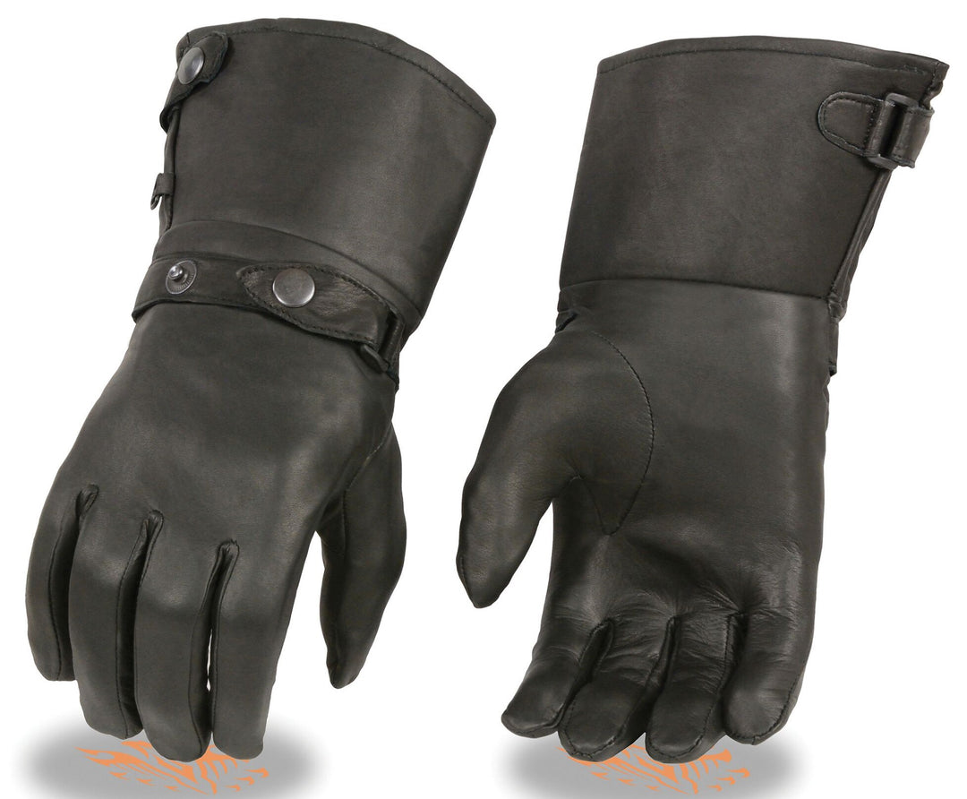 Motorcycle Cavalry Gauntlet Gloves Black Leather Long Cuff Snap Closure Thermal Lined-Adjustable Wrist Strap Closure &amp; Cuff Snaps in a Lighter weight. With Gauntlets you are able to have your jacket sleeves up into glove to keep cold air&nbsp; from going up your sleeves. Unisex sizing XS-5X. Available in our retail shop in Smyrna, TN, just outside of Nashville.