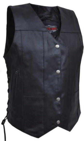 This lightweight cowhide black leather ladies' vest has a v-neck and snap front closure. It has side laces and a solid panel back, 4 front exterior pockets and 6 inside pockets including a concealed carry pocket on each side.  Available for purchase in our shop in Smyrna, TN, just outside Nashville.  Available in sizes small through 5xl.