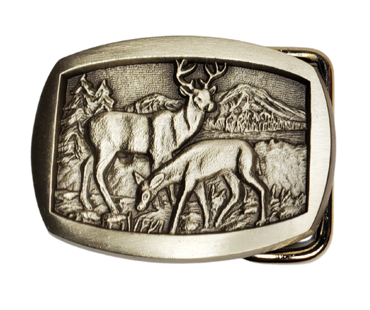 Rectangle shaped antique Bronze belt buckle with  Buck and Doe deer.  Available online and at our shop just outside Nashville in Smyrna, TN.   Made in USA CAST Solid Bronze for 1" or 1 1/4"" belts. Genuine apparel for men and women SIZE 2.5" x 2.5". Newly manufactured belt buckle using 1970's-1980's molds.