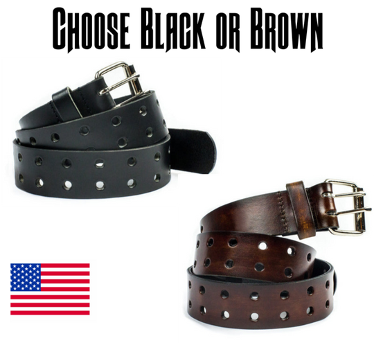 This solid strip of top grain leather has a satin finish surface, and a width of 1 1/2". Will soften with normal wear. Sizes available are 34" to 44" from buckle end to hole most worn. Features double holes the entire length of the strap! The roller buckle is easy on the leather, protecting the strap from undue creasing and scratching. Chrome plated buckle is stitched to leather strap. One of a few USA made belts not produced in our Smyrna TN shop.