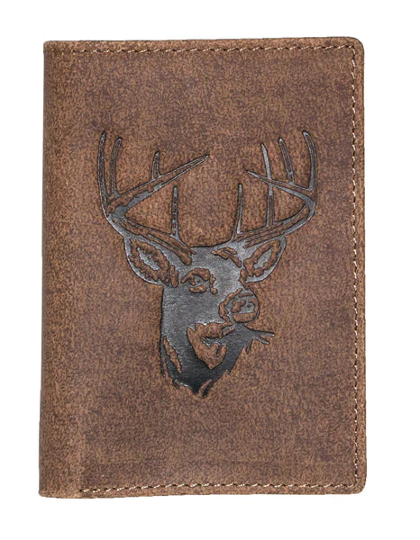 Distressed Leather wallet with embossed animal exterior. Mossy Oak camouflage interior. Choose Deer, Bass or Duck. Inside features 9 credit card slots, 3 underneath slots and cash slot.  Folded dimensions are 4" by 3" Available in our online and retail shop, located in Smyrna, TN, just outside of Nashville. Imported