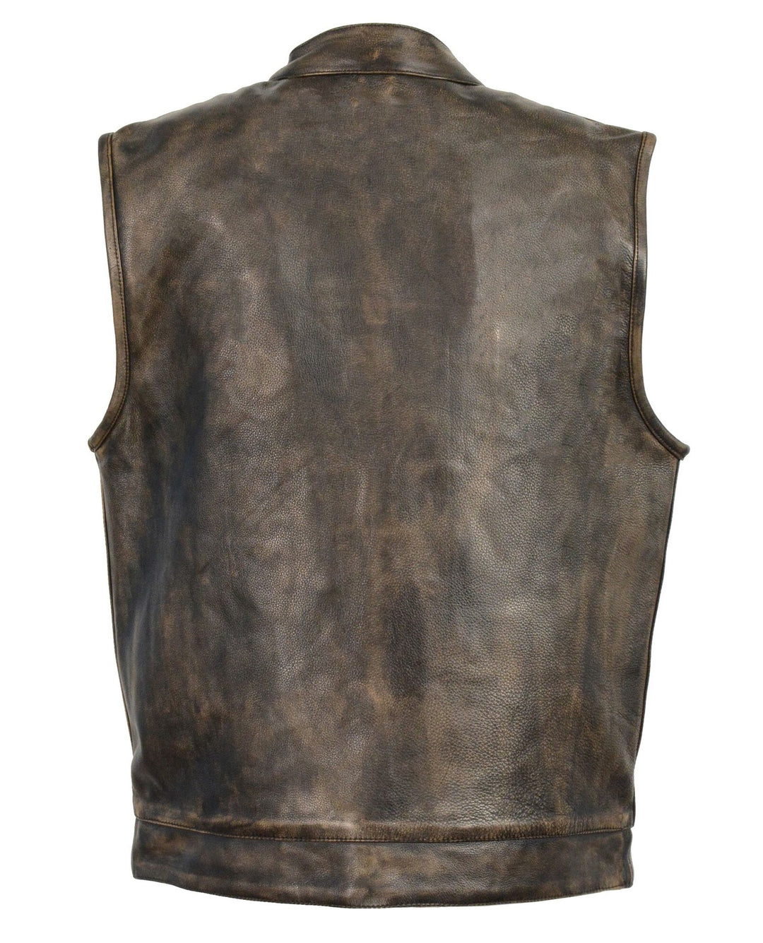 The Savage is a distressed brown riding vest made from Premium naked cowhide leather. It features: a tab style collar, snap front and zippered closure, solid panel back, two lower front snap pockets, front chest snap pockets, and inside conceal carry pockets on each side. Available in our Smyrna, TN shop just outside of Nashville. Sizes available from Small to 8XL.