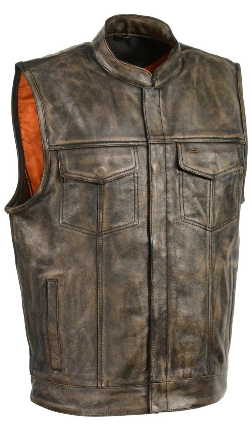 The Savage is a distressed brown riding vest made from Premium naked cowhide leather. It features: a tab style collar, snap front and zippered closure, solid panel back, two lower front snap pockets, front chest snap pockets, and inside conceal carry pockets on each side. Available in our Smyrna, TN shop just outside of Nashville. Sizes available from Small to 8XL.