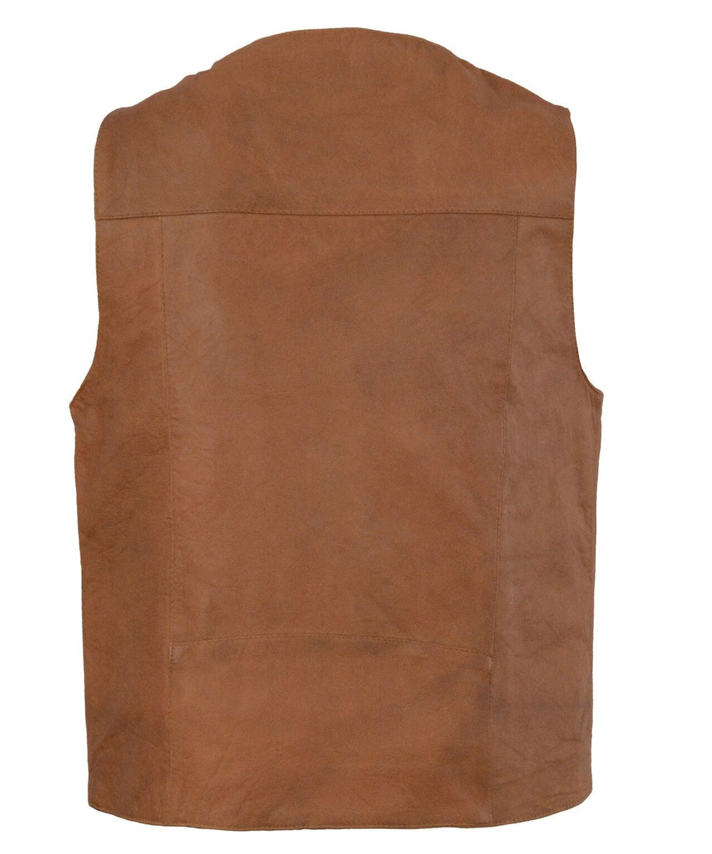 Western style Tan leather vest has v-neck and Buffalo nickel snap front. It is made from soft cowhide with slightly wrinkled look. 2 horizontal outside front lower pockets and conceal carry pockets on each inside front, back is stitched panels.&nbsp; It has a mesh lining. Available for purchase in our shop in Smyrna, TN just outside of Nashville. Available in sizes small through 5x.&nbsp;